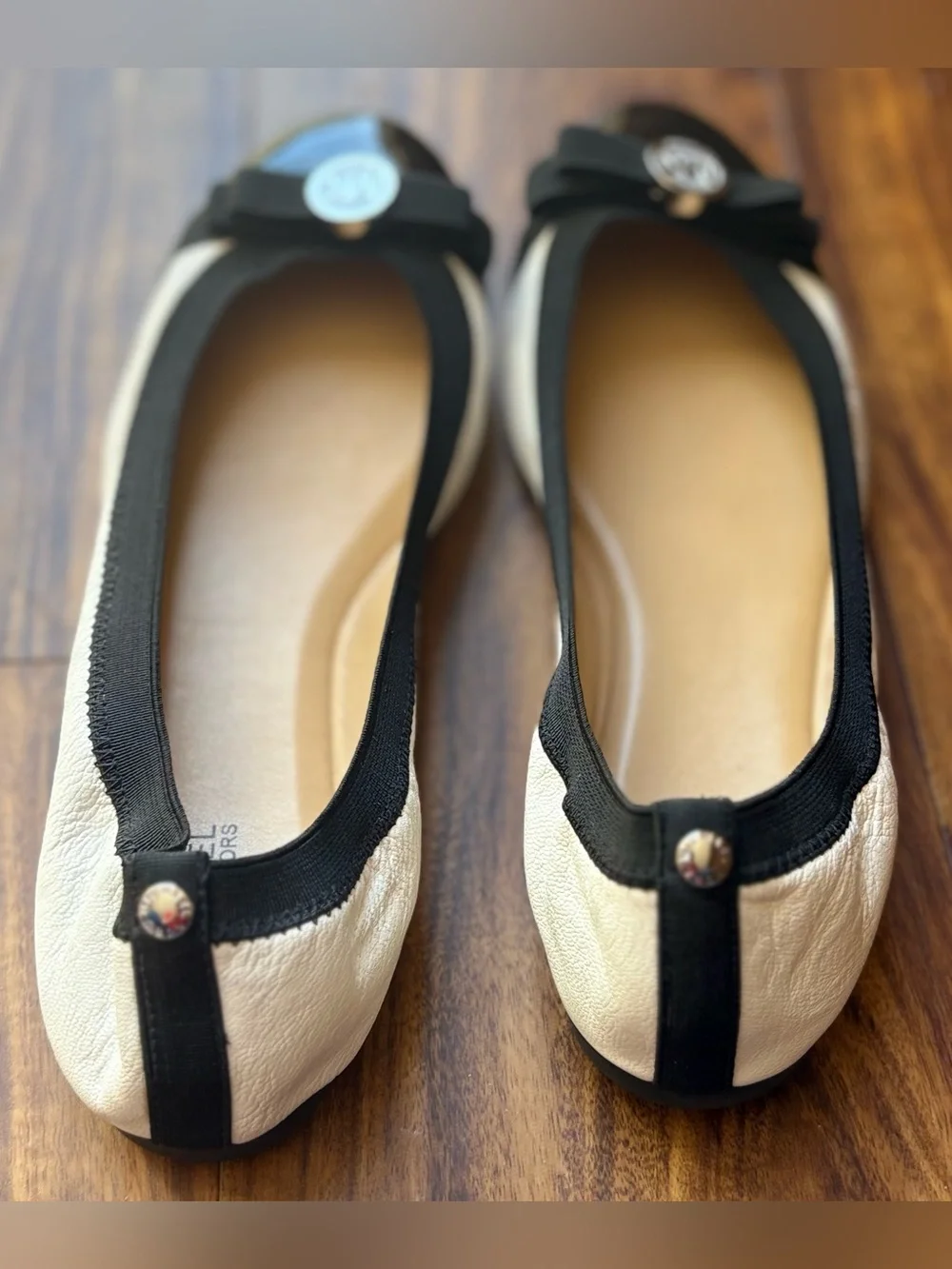 Michael Kors Black and white cap-toe with MK logo bow Leather Ballet Flats 7.5